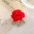 Elegant red rose brooch with matte petals and gold leaves encrusted with sparkling crystals - Red Rose Style (XZ02-005)