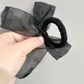 Elegante elastico per capelli con grande fiocco in organza nera e fascia tessuta - Elastico per Capelli con Fiocco Intrecciato Nero