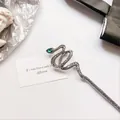 Minimalist silver snake hair pin with green gemstone drop and detailed scale texture - Black (Style 2)