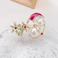 Christmas snowman brooch with gold snowflakes, red hat, pearls and colorful rhinestones - Snowman