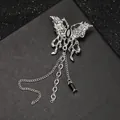 Silver liquid metal butterfly brooch with black gems and elegant hanging chain tassels - Tassel Butterfly