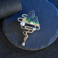 Exquisite landscape brooch with blue enamel mountains, pearls, and teardrop zircon crystal - Distant Mountain Teardrop Style / Landscape Painting