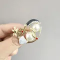 Cute Christmas snowman brooch with white faux pearls and gold snowflake design - XZ148 Black