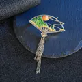Exquisite fan-shaped enamel landscape brooch with golden tassels and crystals - Folding Fan Landscape Sun Tassel Style / Fan Tassel