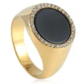 Men's gold titanium steel signet ring with black stone center and zircon halo - US 8 / Gold Black Stone