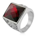 Macro shot of punk style stainless steel ring with faceted square red gemstone inlay - Size 8 / Steel Red Stone