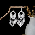 Ethnic bohemian silver long earrings with feather charms and fringe tassels for women - Hollow Feather Tassel Style (E4348-2) / Silver