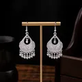 Ethnic vintage silver teardrop earrings with hollow patterns and dangling metal beads - Hollow Teardrop Bead Style (E2051-4) / Silver