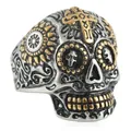 Punk Vintage Edelstahl Totenkopf Ring mit goldenem Kreuz und floralen Augen-Details - US 7 / Zweifarbig Gold (Ohne Edelstein)