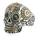 Gothic-Punk-Totenkopfring mit goldenem Kreuz und grünen Edelsteinaugen aus Edelstahl - US 7 / Zweifarbig Gold (Grüner Edelstein)