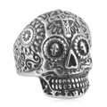 Vintage Punk Totenkopfring aus Edelstahl mit Kreuzrelief und Schnörkelmustern - US 7 / Stahlfarben