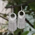 Ethnic style silver long tassel earrings with circular textured metal fringe design - Round Fringe Tassel Style (E3037-6) / Silver