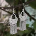Ethnic style long tassel earrings with silver hollow moon pattern in natural outdoor - Silver Hollow Long Tassel Style (E3037-3)