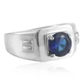 Bague vintage en acier inoxydable avec une grande pierre bleue ronde à quatre griffes - Taille US 7 / Couleur Acier Pierre Bleue