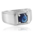 Macro detail of men's stainless steel ring with a faceted round blue gemstone - Size 7 / Steel Color Blue Gemstone