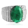 Anillo retro de acero inoxidable con una gran gema verde ovalada y textura ranurada - Plata Piedra Preciosa Verde