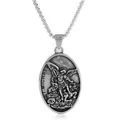 Punk style Saint Michael oval pendant necklace in vintage silver stainless steel - Single Pendant (No Chain) / Silver