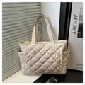 Minimalist beige quilted tote bag with diamond stitching and side pockets for daily commute - Off-white without Pendant