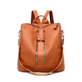 Brown woven PU leather backpack with vertical dual zippers and top handle for women - Brown