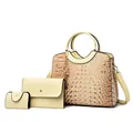Dreiteiliges Damen-Set inklusive Handtasche mit Krokodilmuster, Nieten und Schultergurt - Khaki