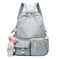 Large gray-blue nylon school backpack for students with cute bunny pendant and multiple pockets - Blue