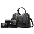 Schwarzes 3-teiliges Taschen-Set mit Kroko-Prägung, Shopper, Clutch und Goldnieten-Dekor - Schwarz