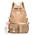 Großer khaki Nylon-Rucksack für Schüler mit Kontrastgurten und einem Plüschhasen-Anhänger - Khaki