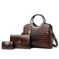 Dark brown faux crocodile leather 3-piece bag set with tote, clutch and card holder - Dark Brown