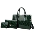 3-teiliges Handtaschen-Set aus dunkelgrünem Lackleder mit gesteppter Struktur - Grün