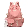 Rosa Nylon-Rucksack für Schüler mit cremefarbenen Riemen und süßem Hasen-Anhänger - Rosa