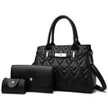 Dreiteiliges schwarzes Handtaschen-Set mit Wellensteppmuster und Goldbeschlägen - Schwarz