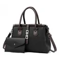 Elegantes zweiteiliges Handtaschen-Set aus schwarzem Leder mit braunen Griffen - Schwarz