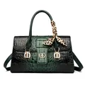 Dark green crocodile pattern handbag with gold hardware and leopard silk scarf detail - Green