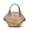 Elegante khakifarbene Handtasche in Fächerform mit Krokoprägung und braunen Tragegriffen - Mittel / Khaki