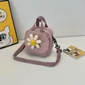 Pink sunflower canvas crossbody bag with white daisy smiling face and lilac strap - Purple