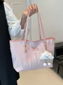 Rosafarbene gestreifte Stickerei-Einkaufstasche mit Plüschwolken-Anhänger für den Alltag - Rosa Mit Anhänger