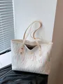 Large striped embroidery tote bag for women with textured fabric and top shoulder straps - White Without Pendant