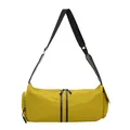 Detalle del bolso de viaje amarillo mostaza mostrando el nailon impermeable y bolsillo lateral - Amarillo