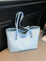 Light blue pleated tote bag with colorful wavy embroidery and long shoulder straps - Blue Without Charm