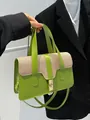 Chic green and beige woven tote bag with adjustable shoulder strap and gold clasp - Green