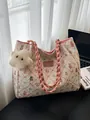 Weiße florale Tragetasche mit Bärenprint, gewebten Griffen und Stern-Plüschanhänger - Rosa Mit Anhänger