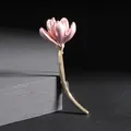 Elegant Chinese-style lotus brooch with pink petals and gold stem on stone base - Pink Lotus