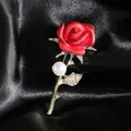 Elegant red rose brooch with gold metal leaves and white pearl on black silk fabric - Red Rose with Pearl Style