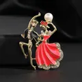 Elegant gold dancing couple brooch with red enamel dress, pearls and crystal accents - Pink