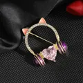 Cat ear headset brooch with pink heart crystal and rhinestones in gold finish - Pink Heart Style / Purple Headset
