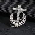 Sparkling silver anchor brooch with inlaid rhinestones and white pearls for suits - Silver