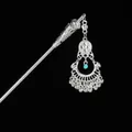 Detail of vintage silver hair pin with hollow pattern, turquoise bead and tassels - Green Bead Fan Tassel (Silver 2) / Silver