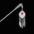 Macro shot of silver ethnic hair pin with red bead and feather tassels on black background - Red Bead Rhombus Feather Tassel (Silver 4) / Silver