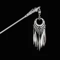 Detailed close-up of hollowed silver hair stick with elegant metal tassel pendants - Hollow Floral Plate Willow Leaf Tassel (Silver 5) / Silver