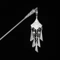 Close-up of vintage silver hair pin featuring hollowed craftsmanship and long tassel charms - Fan Heart Cone Pipe Tassel (Silver 9) / Silver